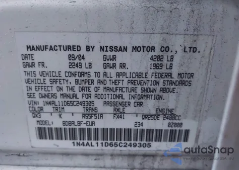 2005 Nissan Altima 2.5 S z USA, uszkodzony, nr VIN 1N4AL11D65C249305